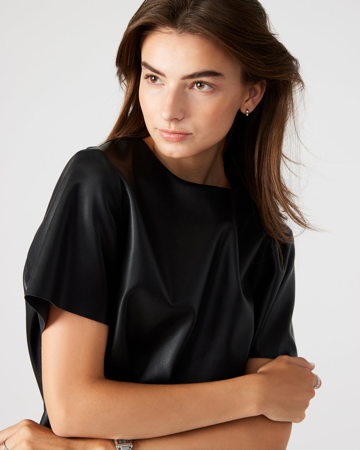 EZRA Black Women's Short Sleeve Faux Leather Top | Steve Madden