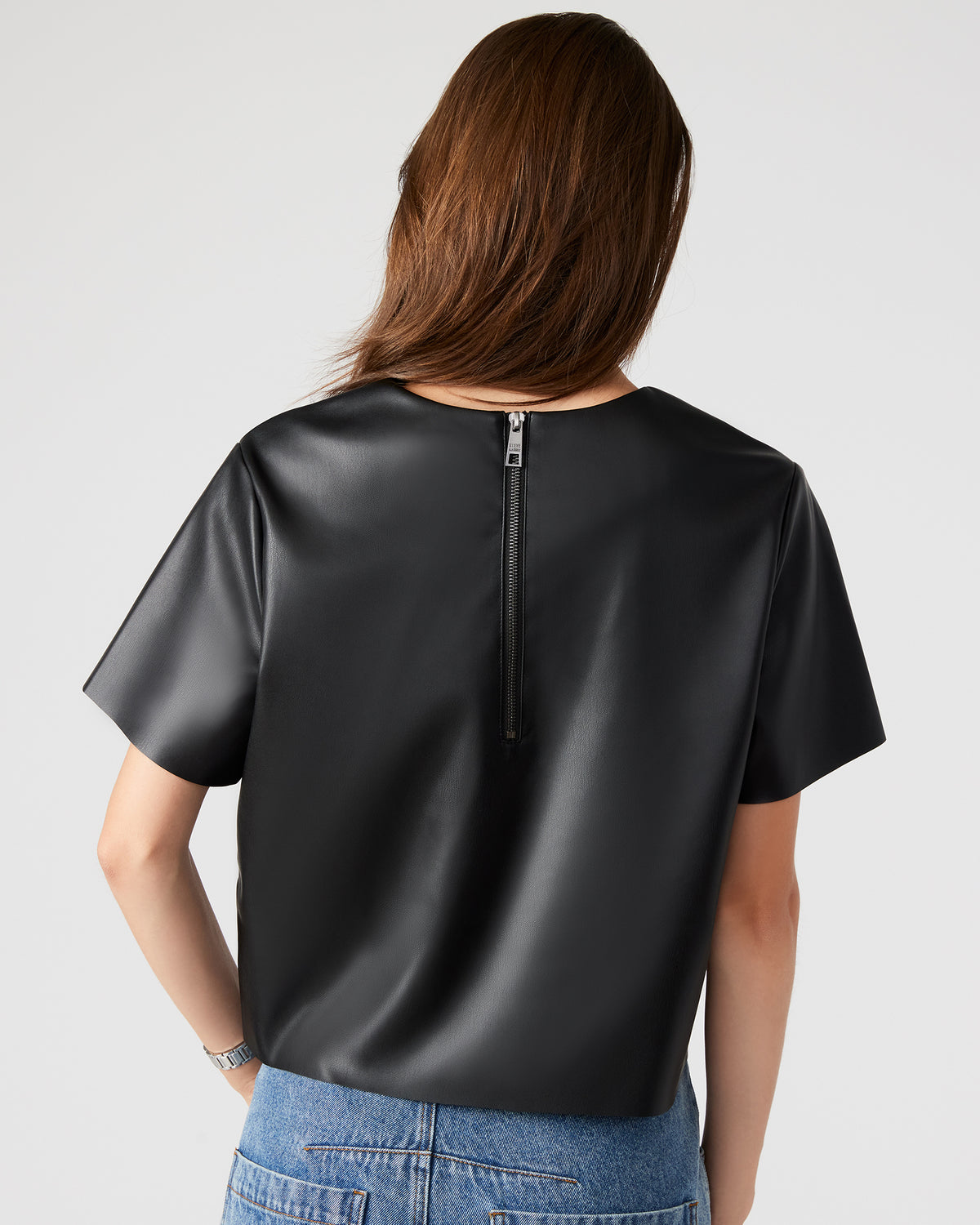 EZRA Black Women's Short Sleeve Faux Leather Top | Steve Madden