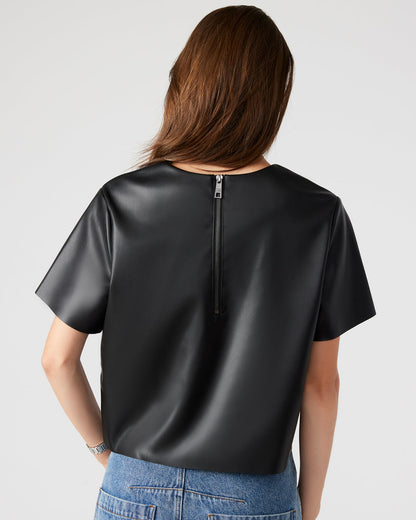 EZRA Black Women's Short Sleeve Faux Leather Top | Steve Madden