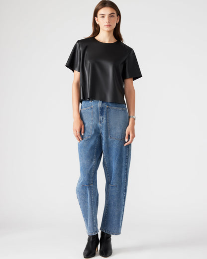 EZRA Black Women's Short Sleeve Faux Leather Top | Steve Madden