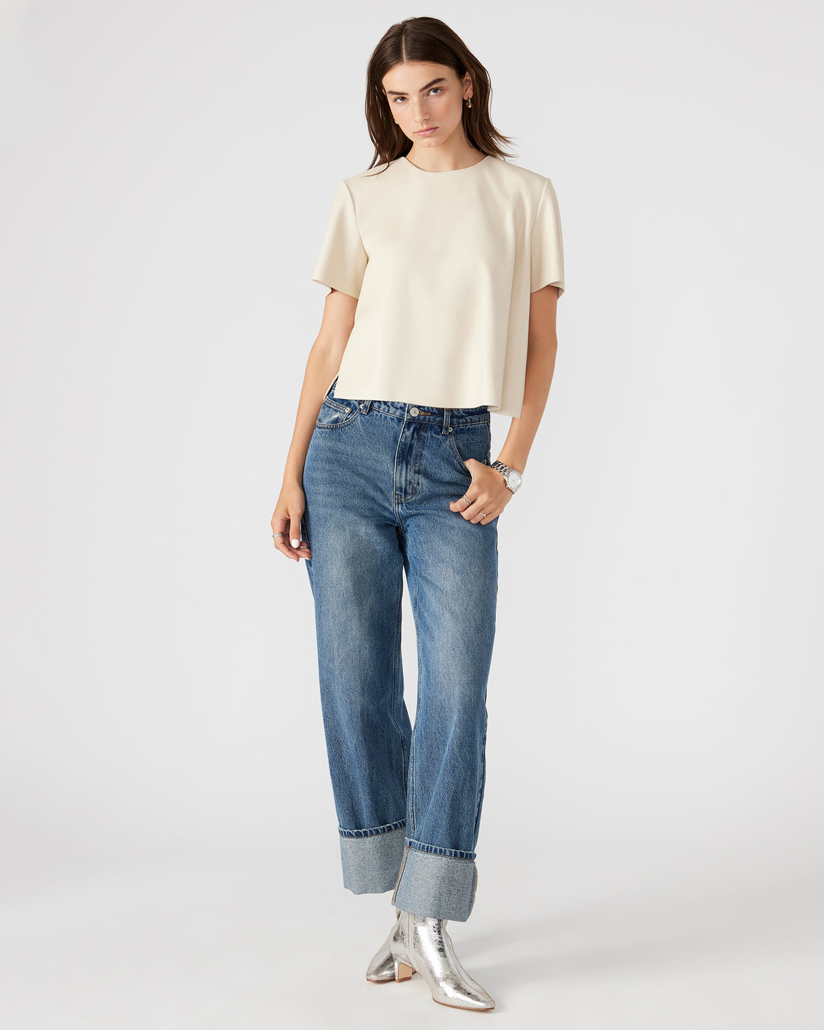 EZRA Bone Women's Short Sleeve Faux Leather Top | Steve Madden