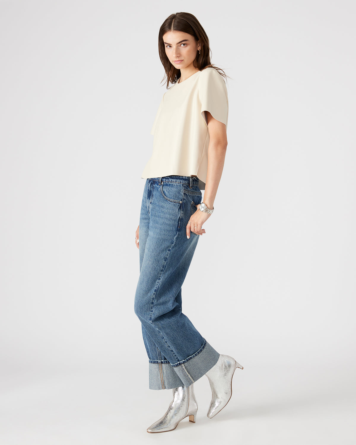 EZRA Bone Women's Short Sleeve Faux Leather Top | Steve Madden