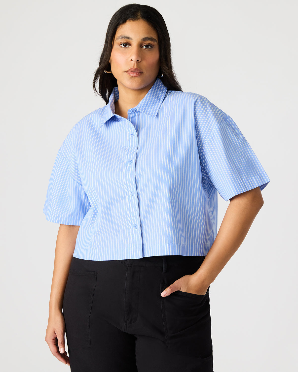 TULA Blue/White Women's Collared Button-Up Pinstripe Top | Steve Madden