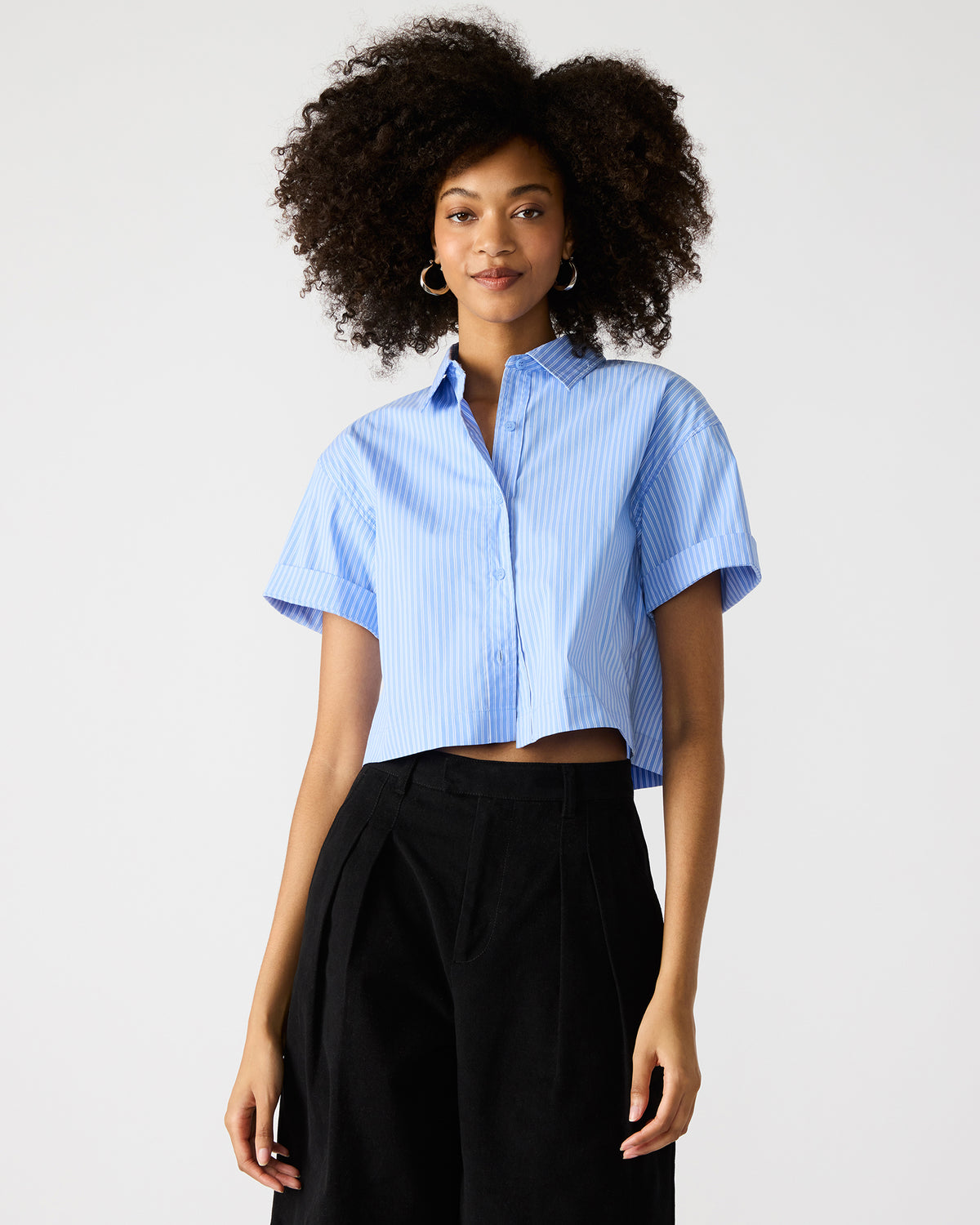 TULA Blue/White Women's Collared Button-Up Pinstripe Top | Steve Madden