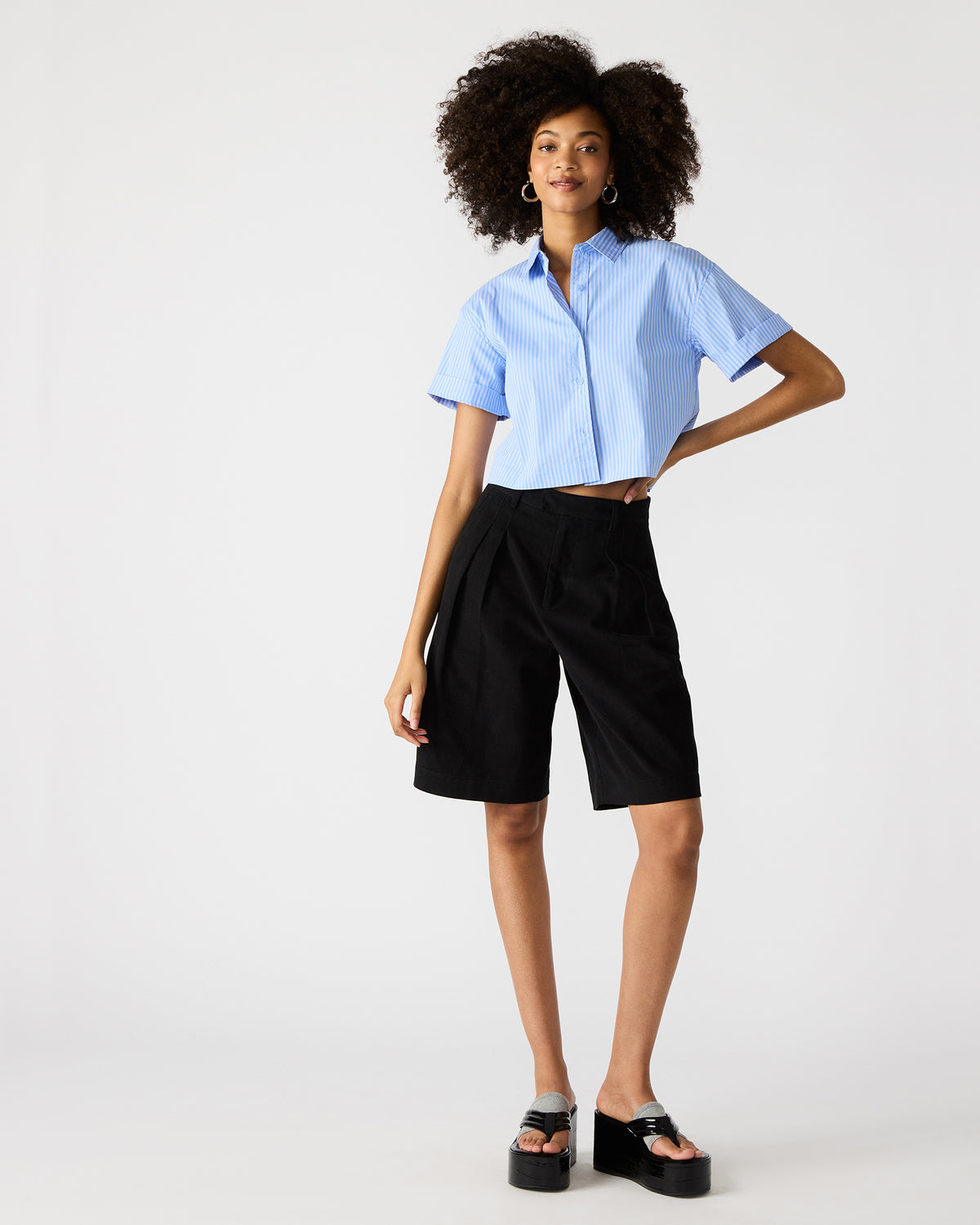 TULA Blue/White Women's Collared Button-Up Pinstripe Top | Steve Madden