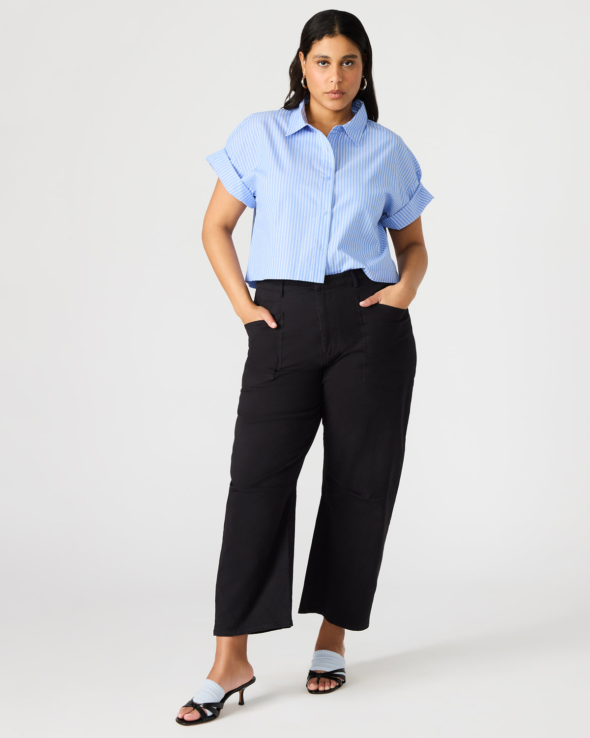 TULA Blue/White Women's Collared Button-Up Pinstripe Top | Steve Madden