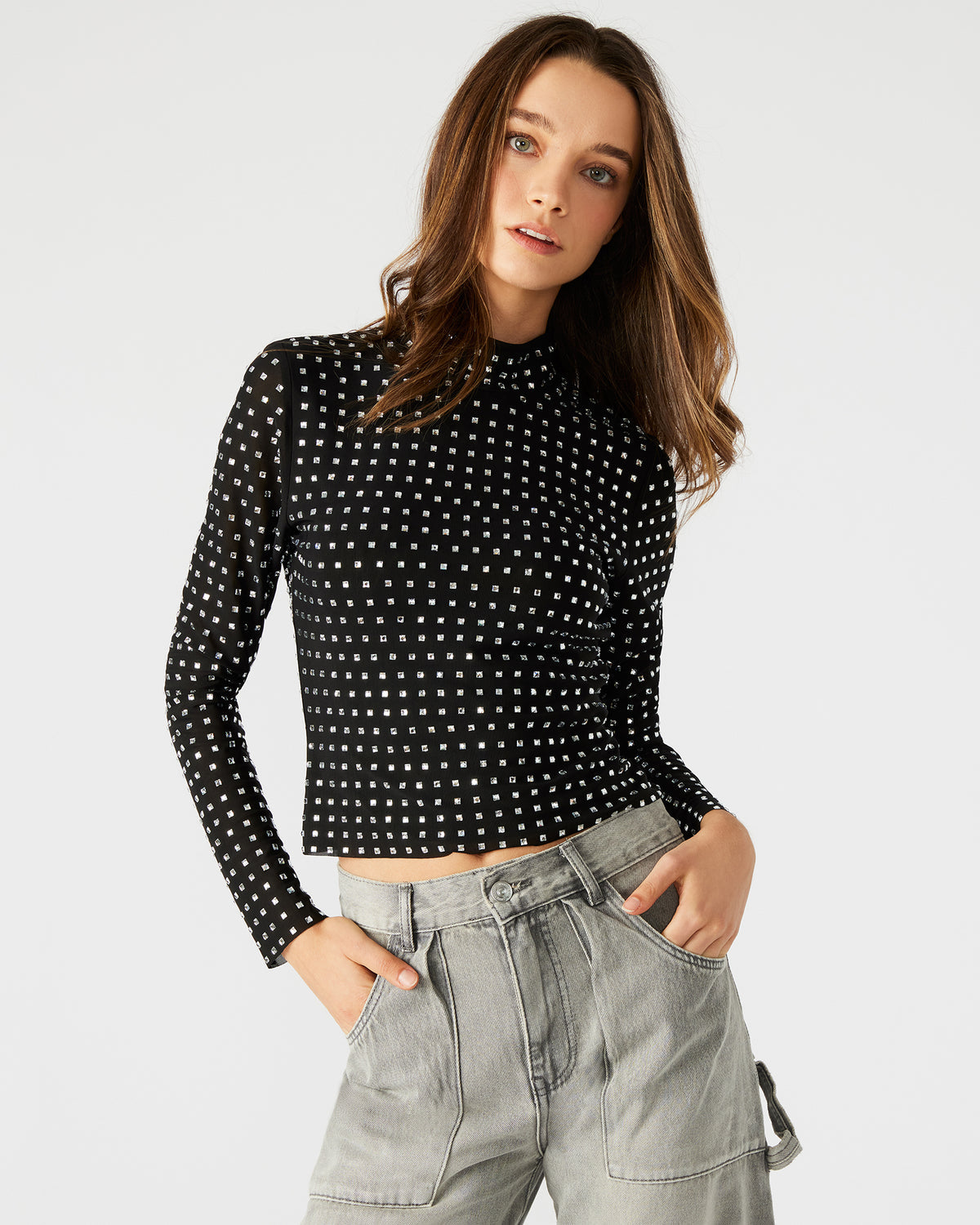 MELVINA Top Black | Women's Long-Sleeved Mesh Fabric Embellished Top | Steve Madden