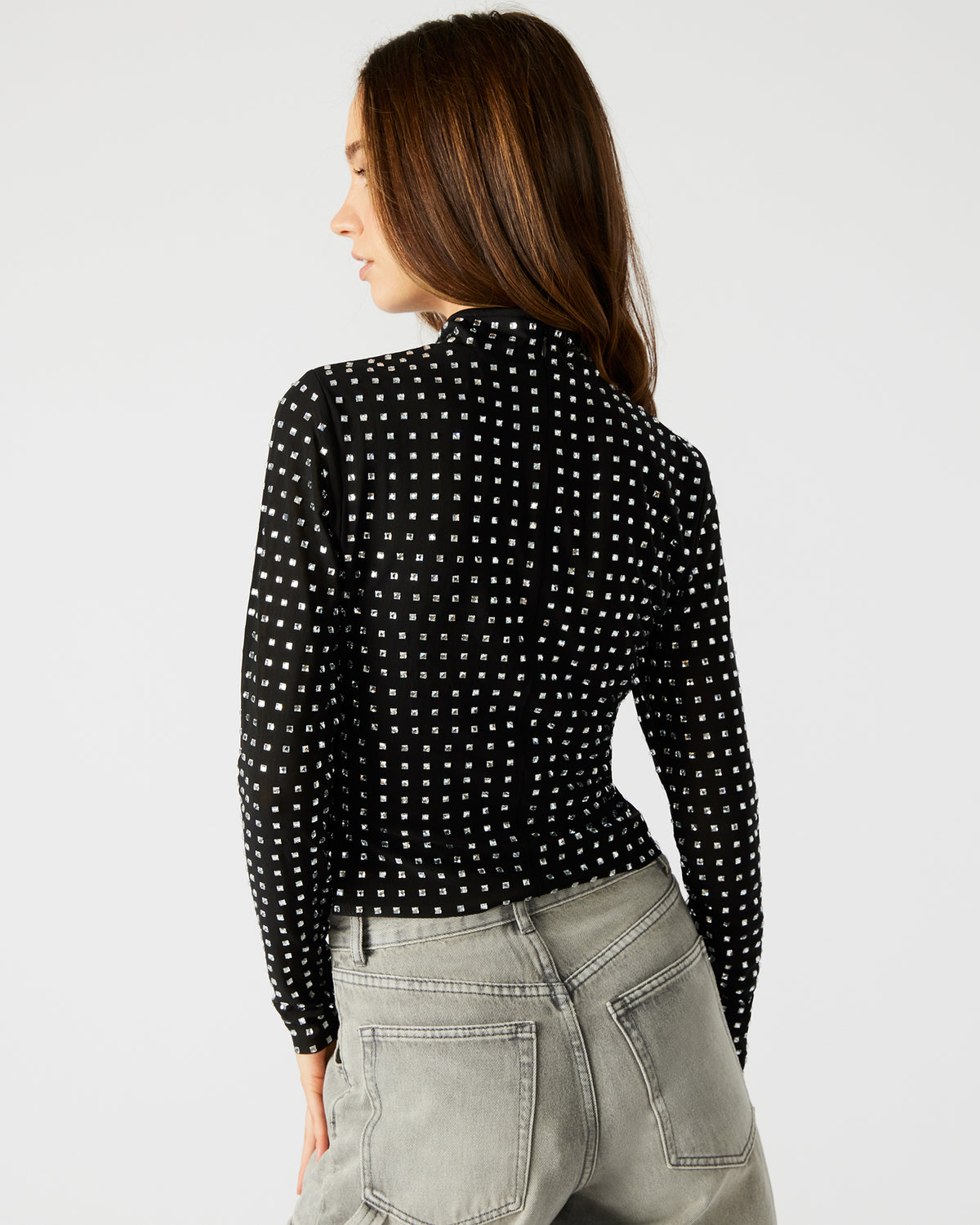 MELVINA Top Black | Women's Long-Sleeved Mesh Fabric Embellished Top | Steve Madden