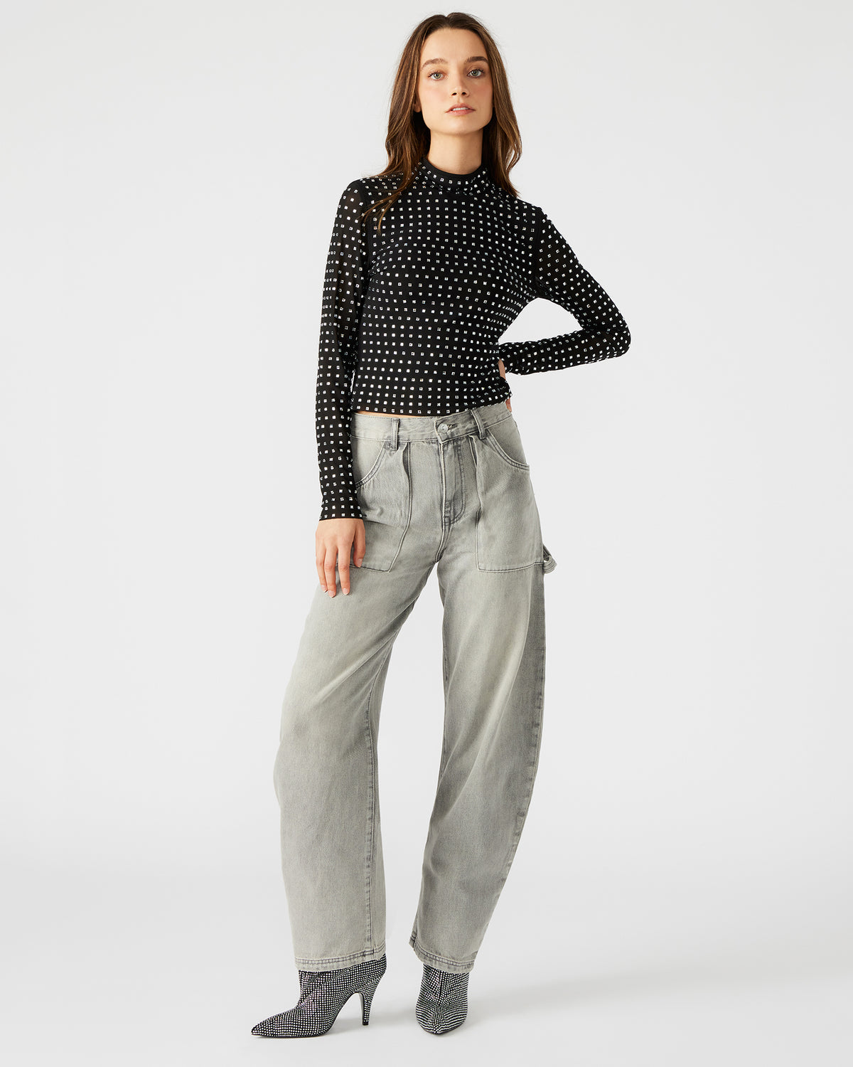 MELVINA Top Black | Women's Long-Sleeved Mesh Fabric Embellished Top | Steve Madden