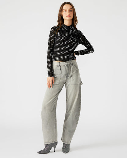 MELVINA Top Black | Women's Long-Sleeved Mesh Fabric Embellished Top | Steve Madden