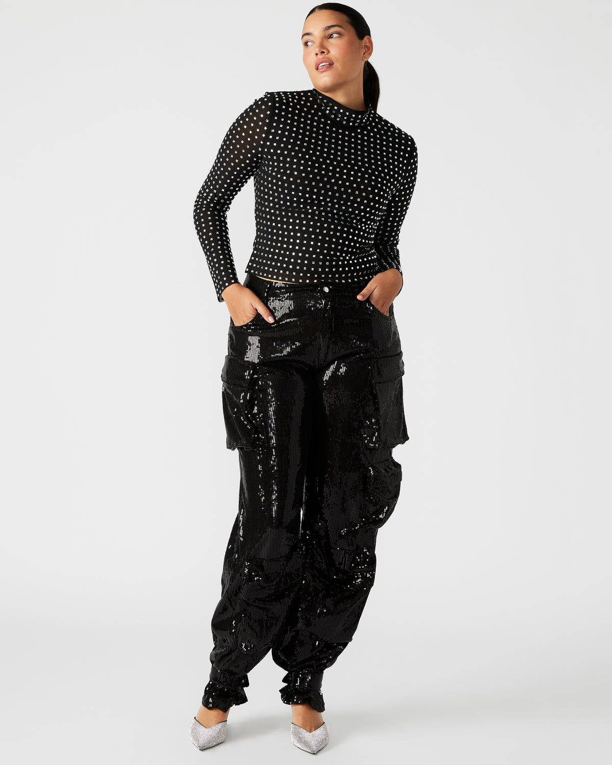 MELVINA Top Black | Women's Long-Sleeved Mesh Fabric Embellished Top | Steve Madden