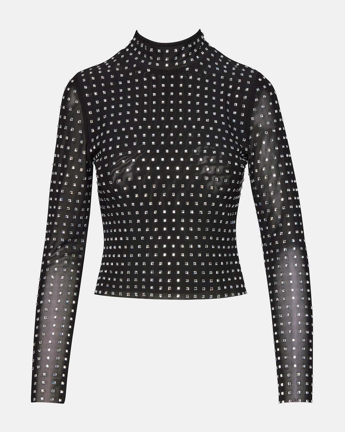 MELVINA Top Black | Women's Long-Sleeved Mesh Fabric Embellished Top | Steve Madden