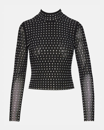 MELVINA Top Black | Women's Long-Sleeved Mesh Fabric Embellished Top | Steve Madden
