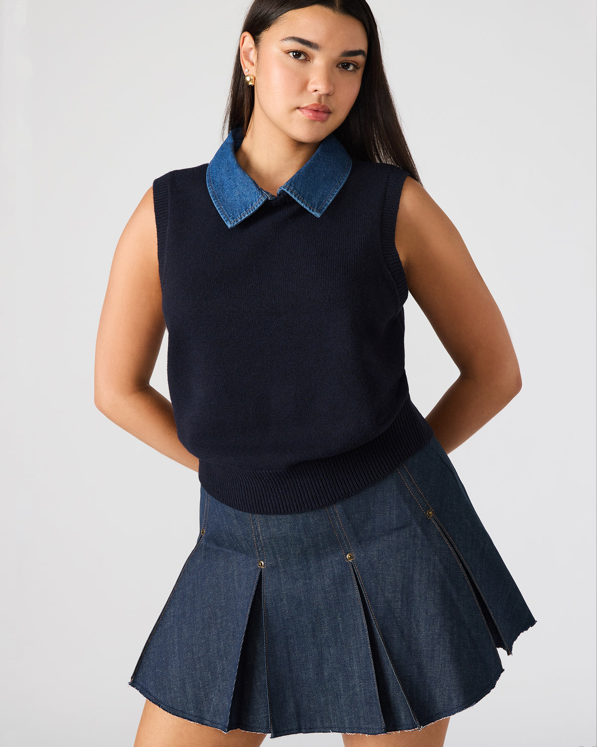 JEANE Sweater Vest Knit Collared Sleeveless Women's Top | Steve Madden