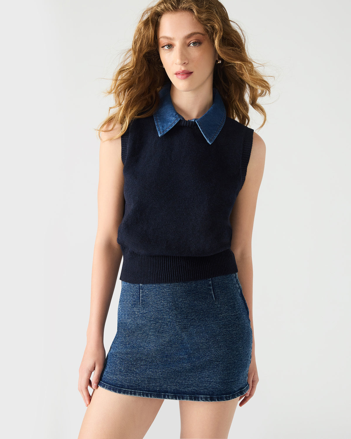 JEANE Sweater Vest Knit Collared Sleeveless Women's Top | Steve Madden