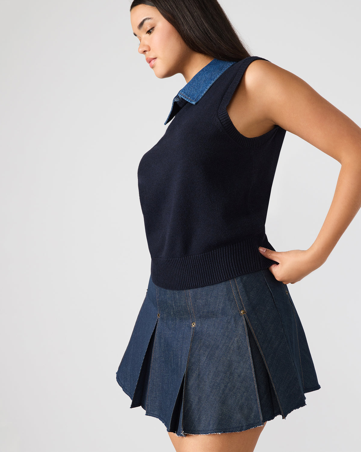 JEANE Sweater Vest Knit Collared Sleeveless Women's Top | Steve Madden