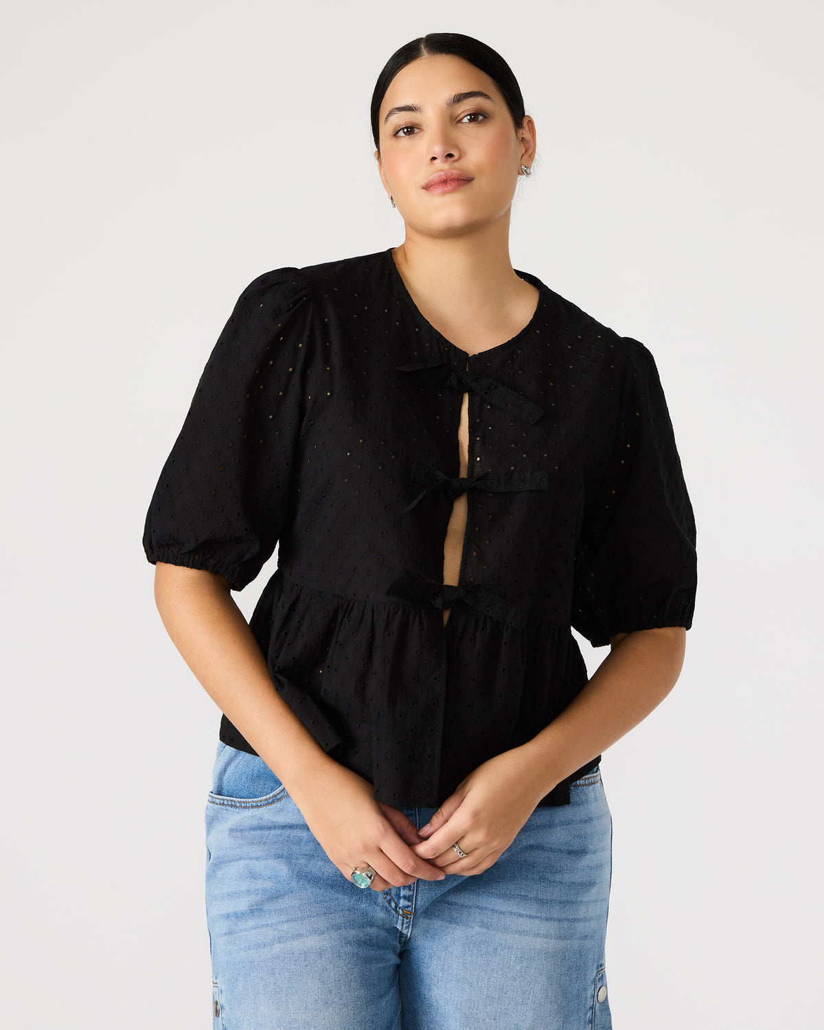 PAULA Top Black Short-Sleeved Tie-Front Eyelet Top | Steve Madden