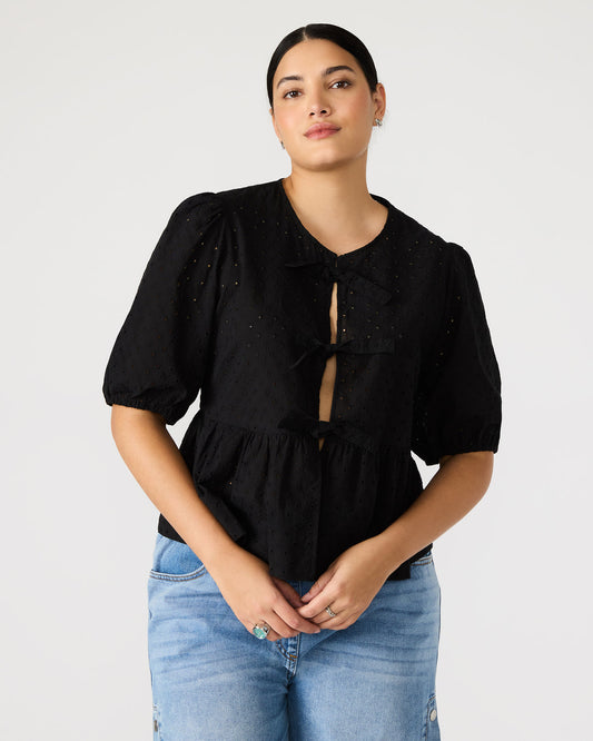 PAULA Top Black Short-Sleeved Tie-Front Eyelet Top | Steve Madden