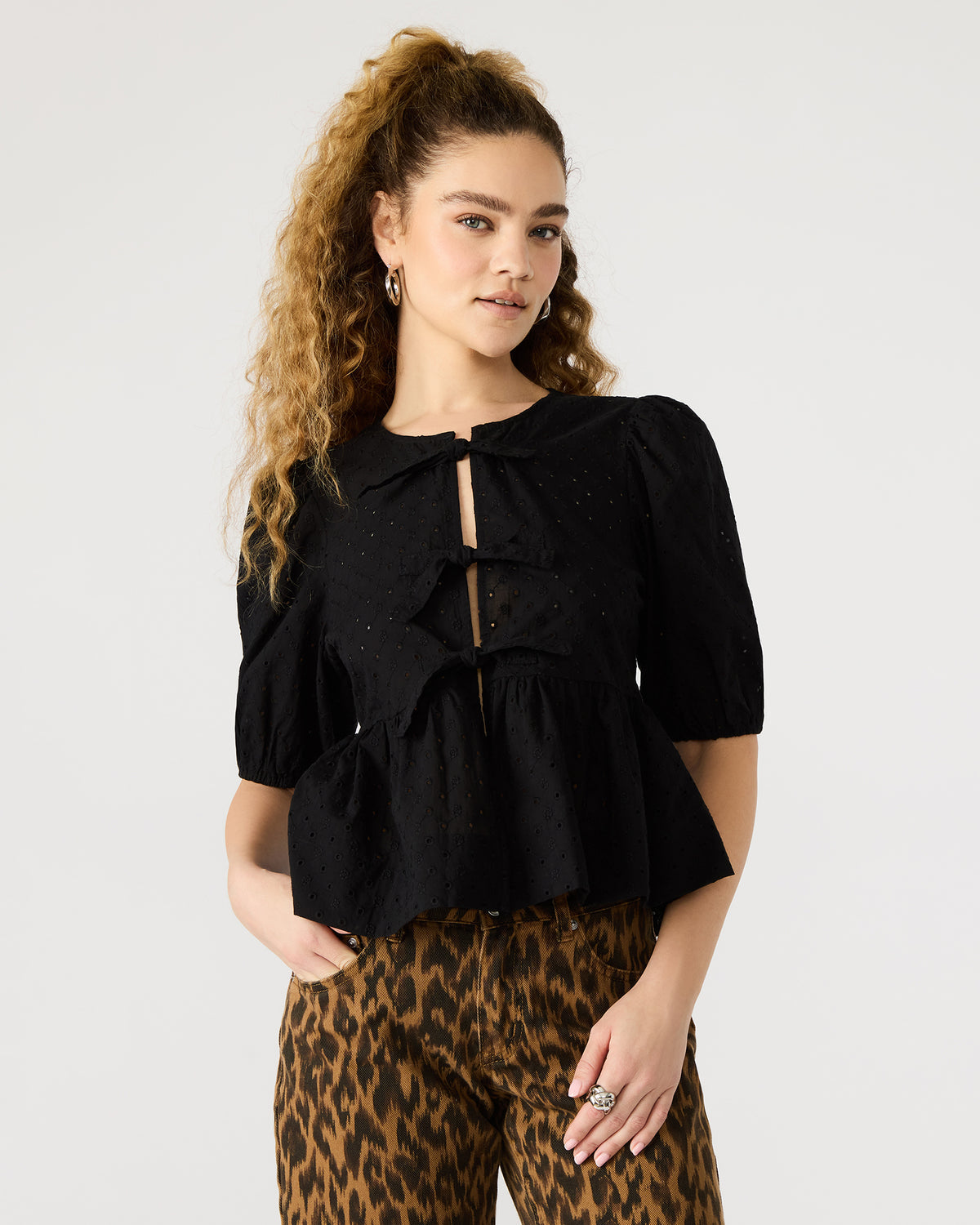 PAULA Top Black Short-Sleeved Tie-Front Eyelet Top | Steve Madden