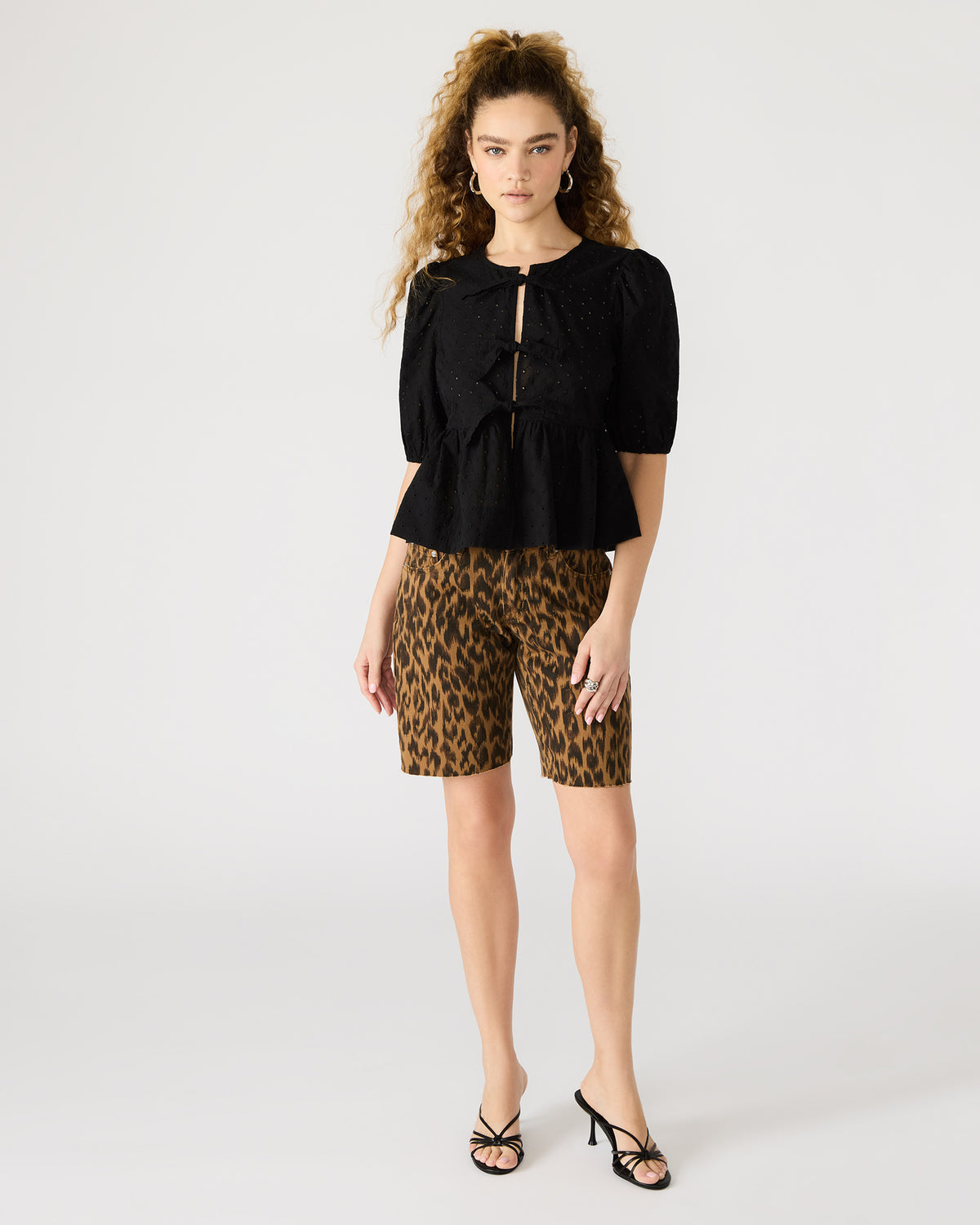 PAULA Top Black Short-Sleeved Tie-Front Eyelet Top | Steve Madden