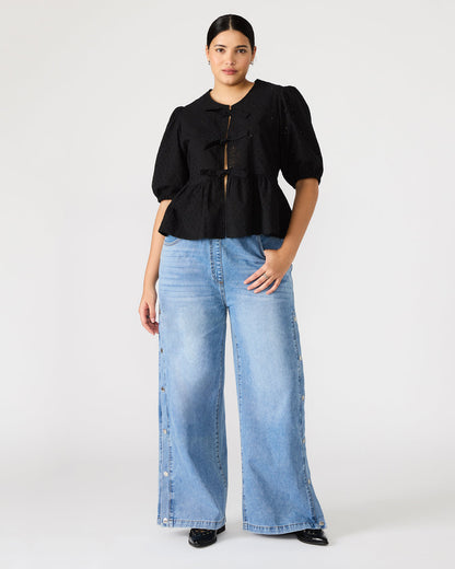 PAULA Top Black Short-Sleeved Tie-Front Eyelet Top | Steve Madden