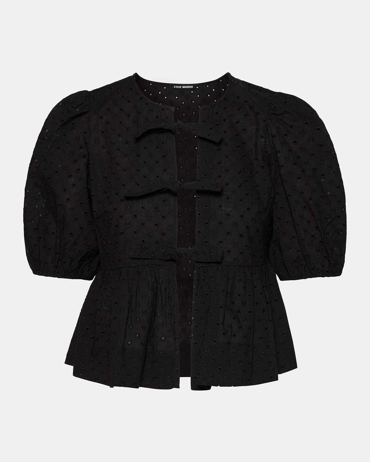 PAULA Top Black Short-Sleeved Tie-Front Eyelet Top | Steve Madden