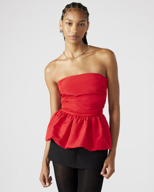 AMARI Top Red | Women's Bubble-Hem Taffeta Strapless Top | Steve Madden