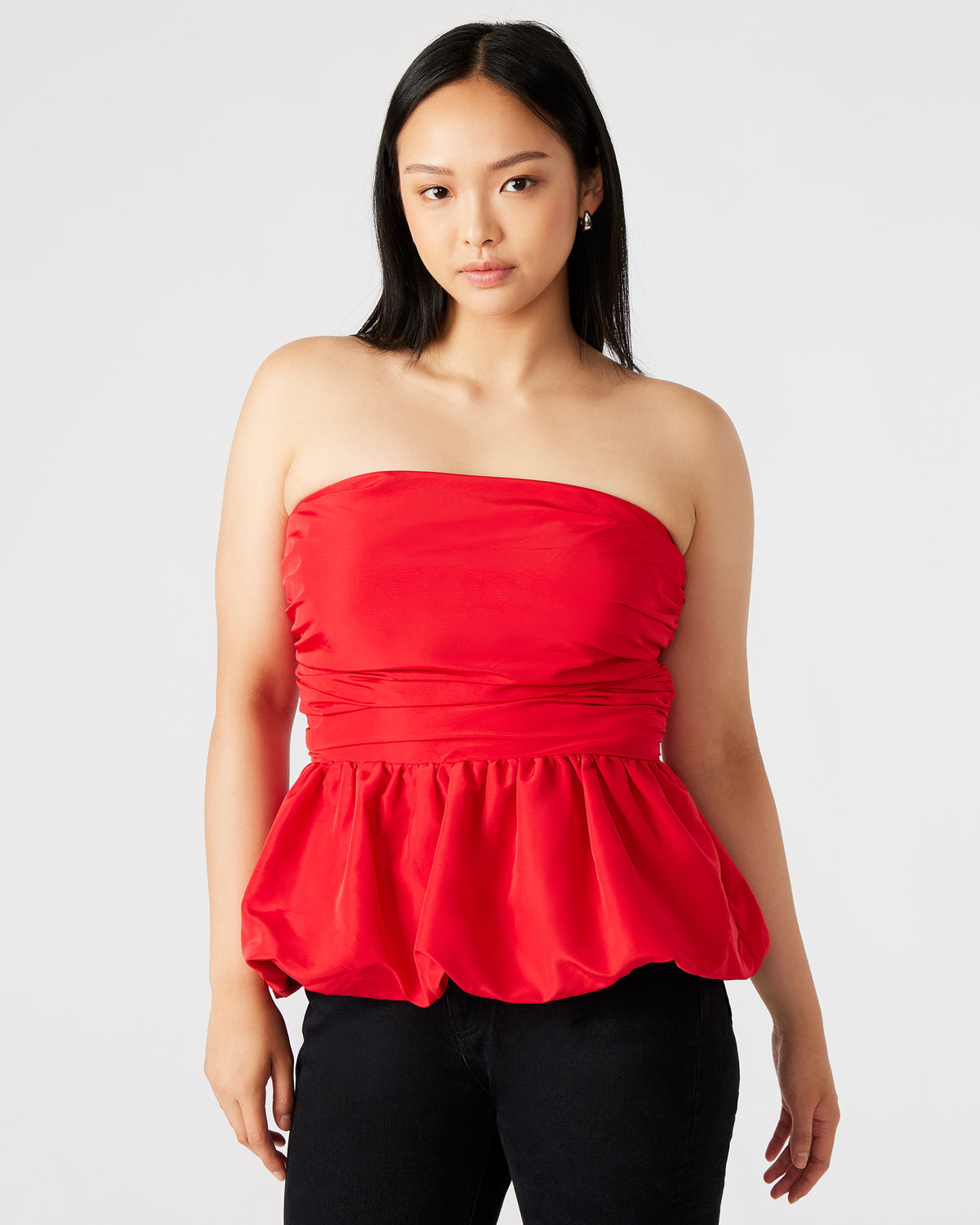 AMARI Top Red | Women's Bubble-Hem Taffeta Strapless Top | Steve Madden