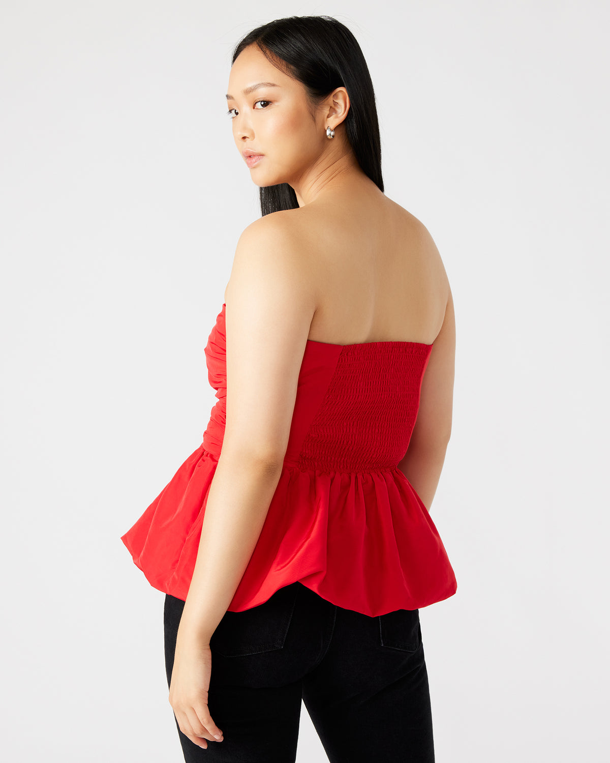 AMARI Top Red | Women's Bubble-Hem Taffeta Strapless Top | Steve Madden