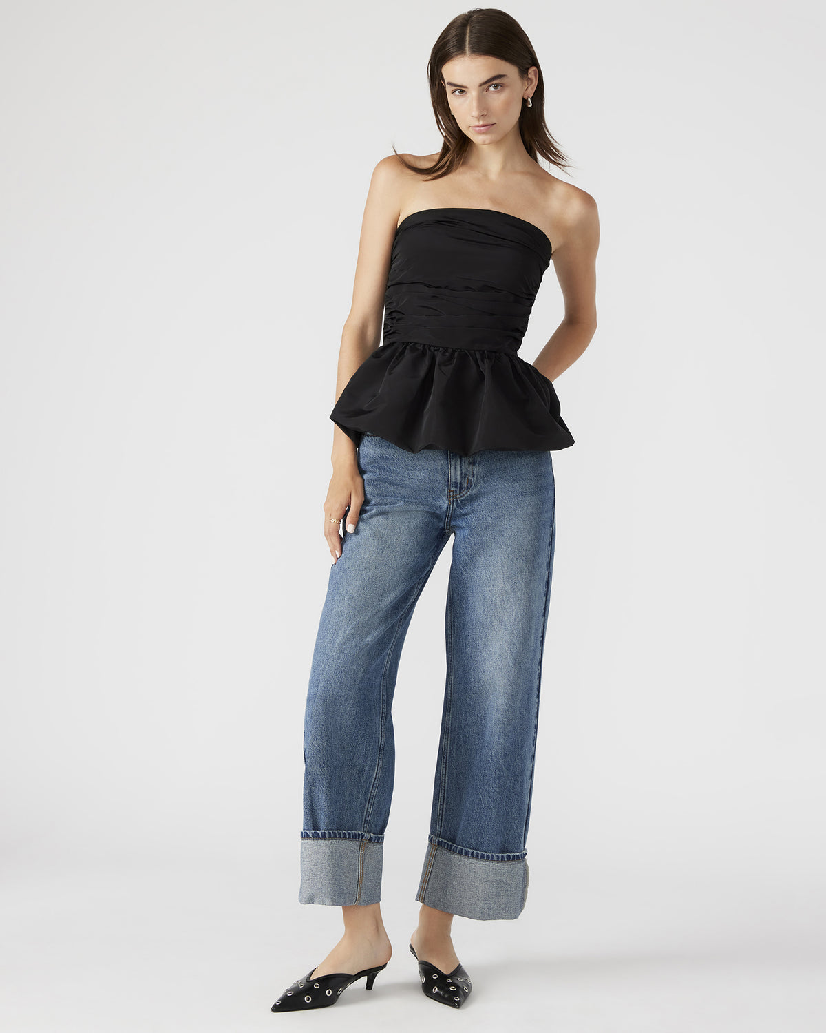 AMARI Top Black | Women's Bubble-Hem Taffeta Strapless Top | Steve Madden