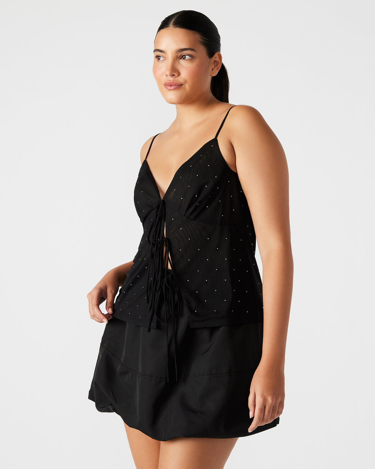 INDY Top Black | Women's Tie Fastening Rhinestone Camisole Tank Top | Steve Madden