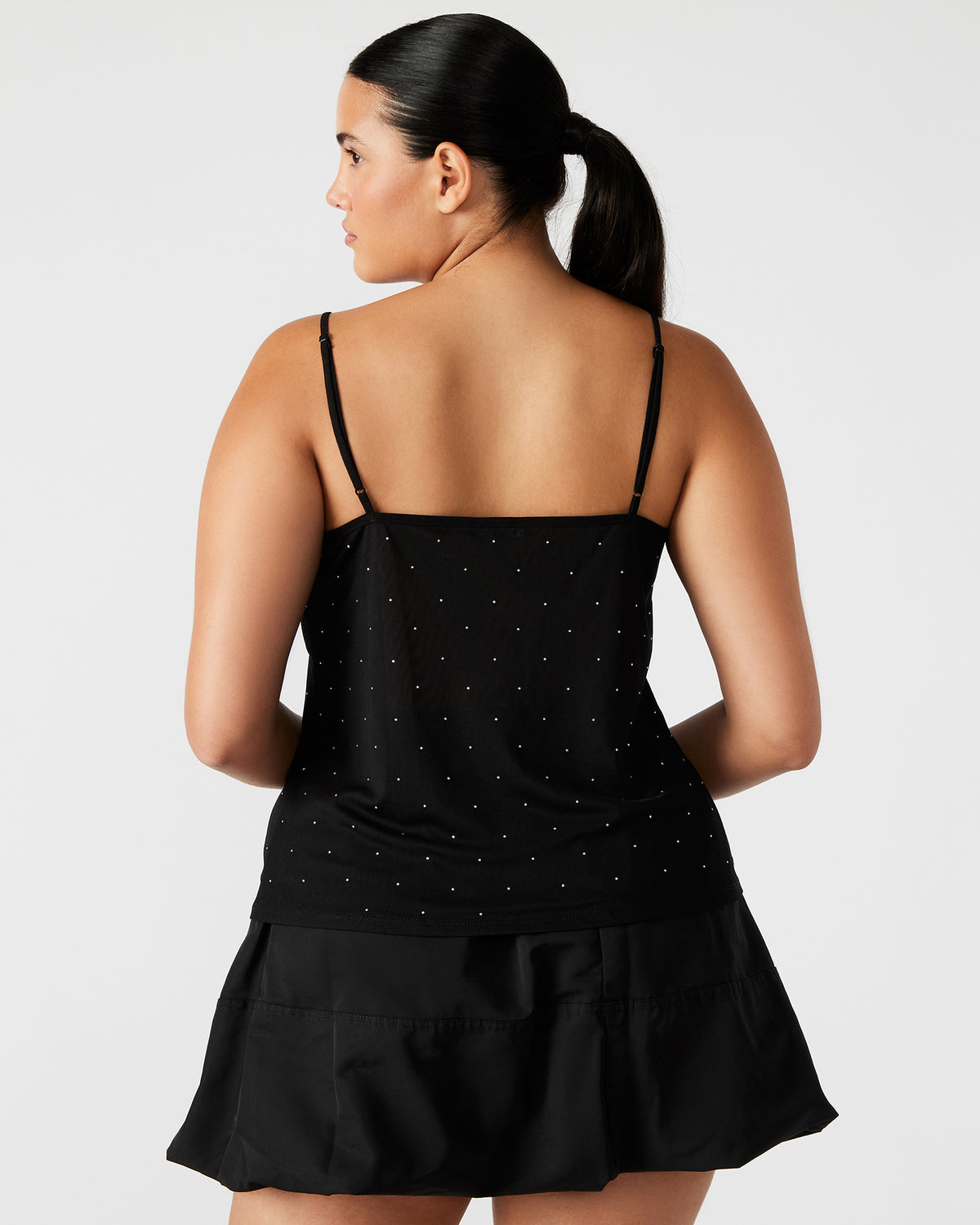 INDY Top Black | Women's Tie Fastening Rhinestone Camisole Tank Top | Steve Madden
