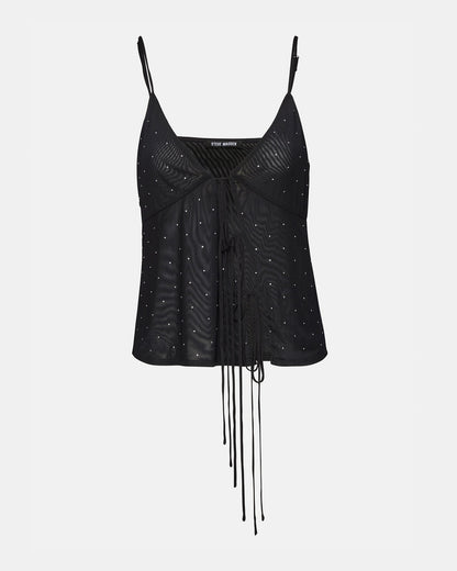 INDY Top Black | Women's Tie Fastening Rhinestone Camisole Tank Top | Steve Madden