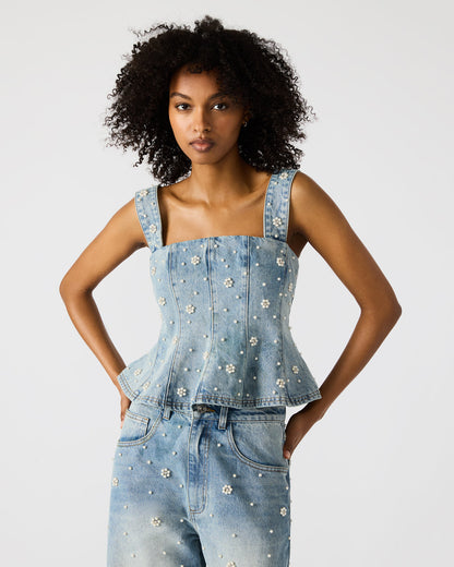 PENELOPI Denim Ruffle Fabric Pearl Embellished Women's Tank Top | Steve Madden