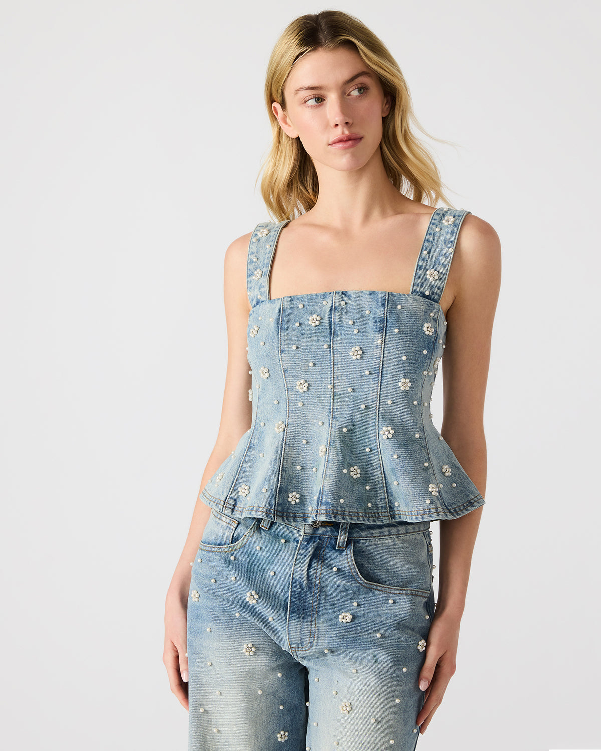 PENELOPI Denim Ruffle Fabric Pearl Embellished Women's Tank Top | Steve Madden