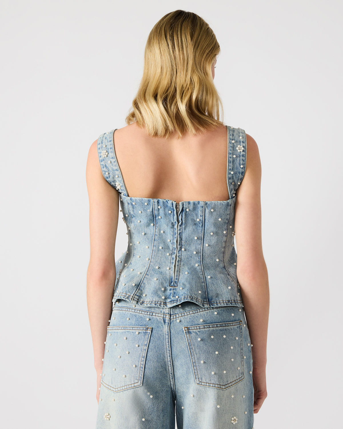 PENELOPI Denim Ruffle Fabric Pearl Embellished Women's Tank Top | Steve Madden