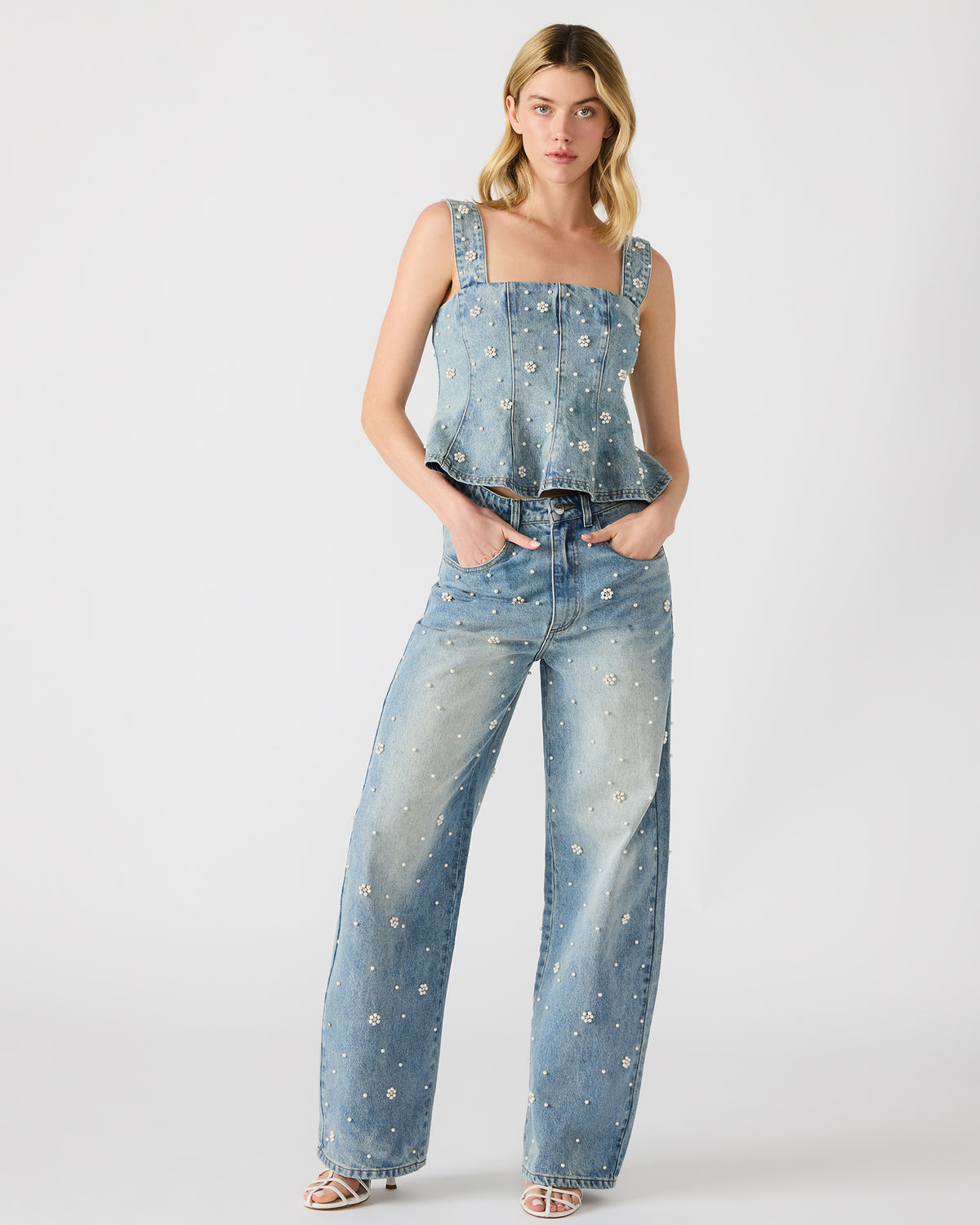 PENELOPI Denim Ruffle Fabric Pearl Embellished Women's Tank Top | Steve Madden