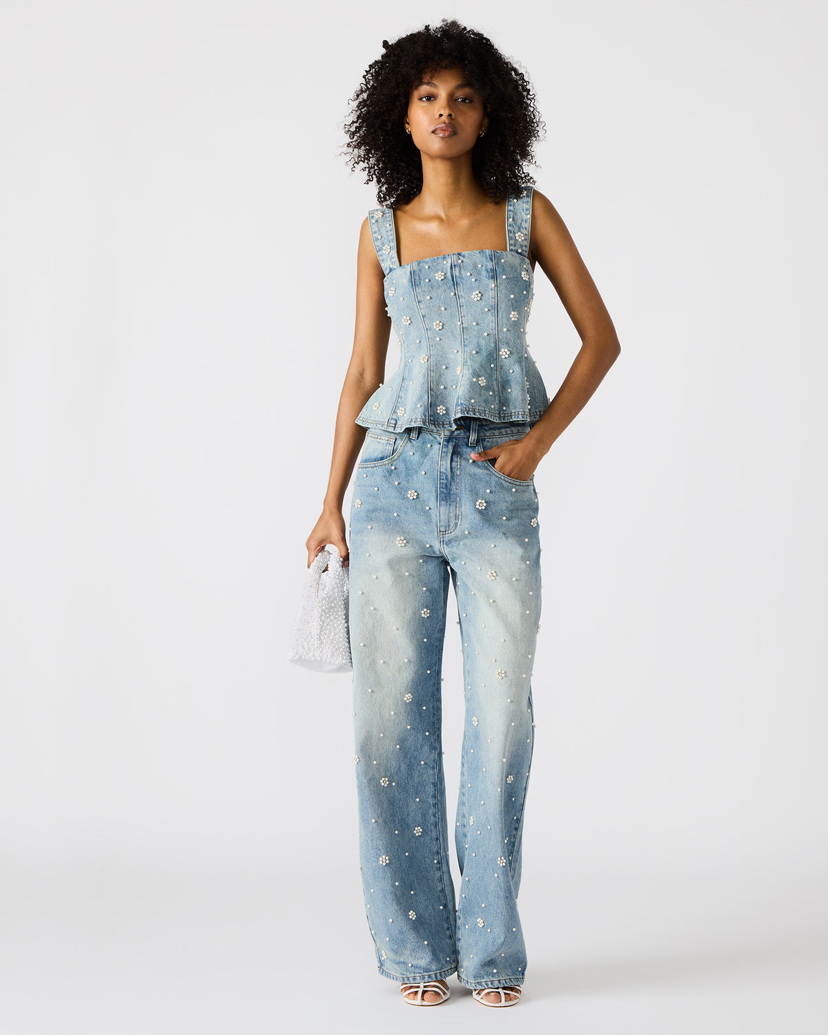PENELOPI Denim Ruffle Fabric Pearl Embellished Women's Tank Top | Steve Madden