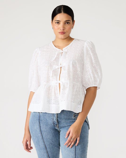 PAULA Top White Short-Sleeved Tie-Front Eyelet Top | Steve Madden