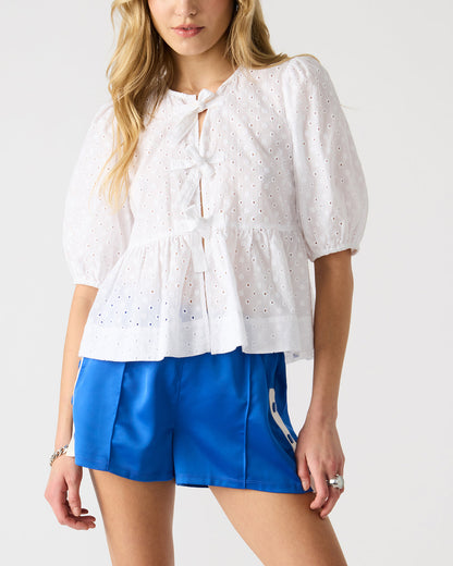 PAULA Top White Short-Sleeved Tie-Front Eyelet Top | Steve Madden