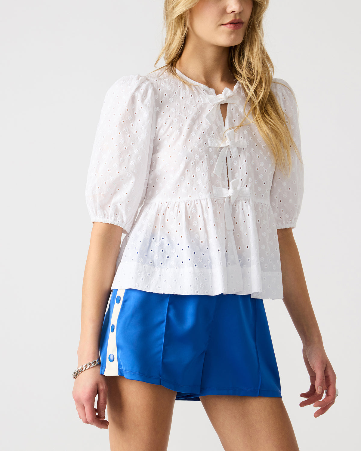 PAULA Top White Short-Sleeved Tie-Front Eyelet Top | Steve Madden