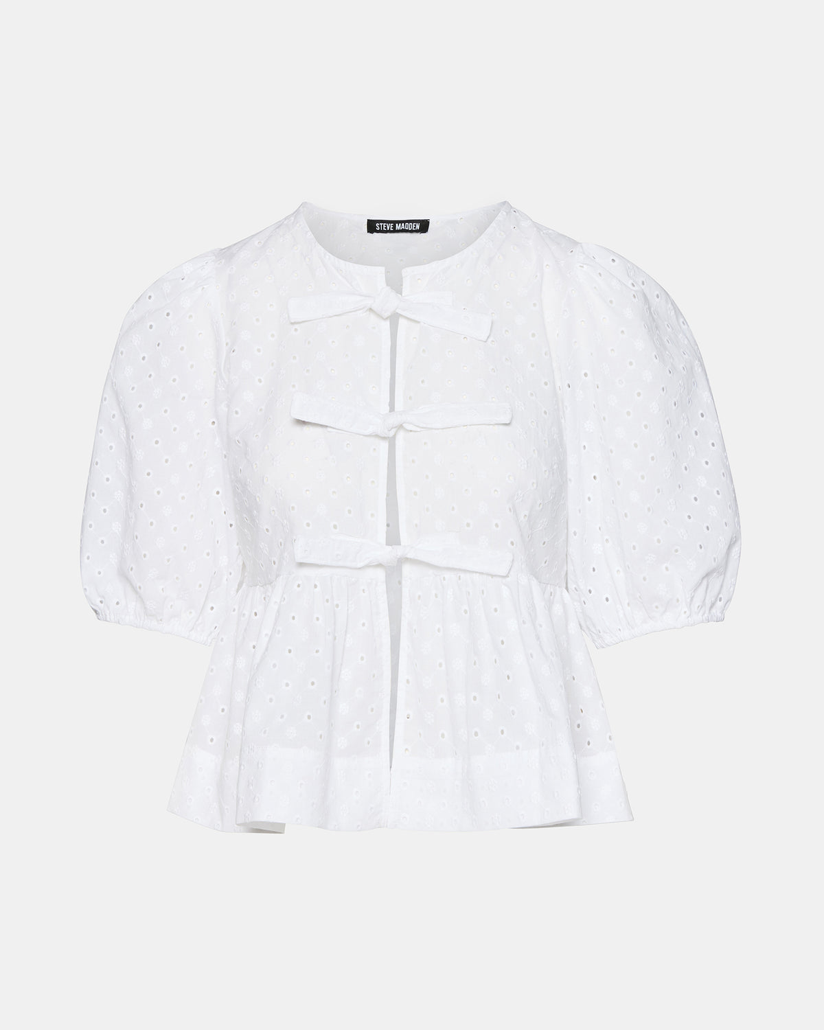 PAULA Top White Short-Sleeved Tie-Front Eyelet Top | Steve Madden