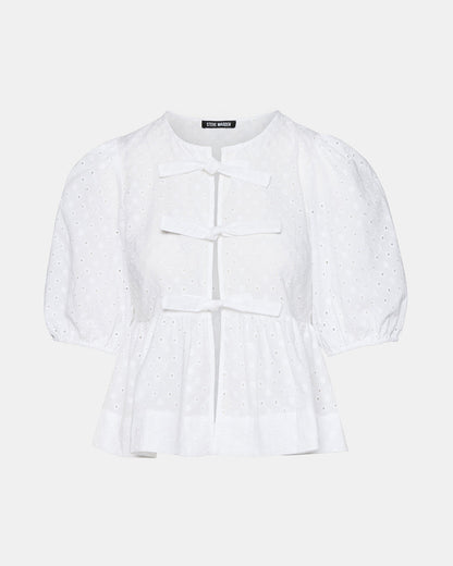 PAULA Top White Short-Sleeved Tie-Front Eyelet Top | Steve Madden