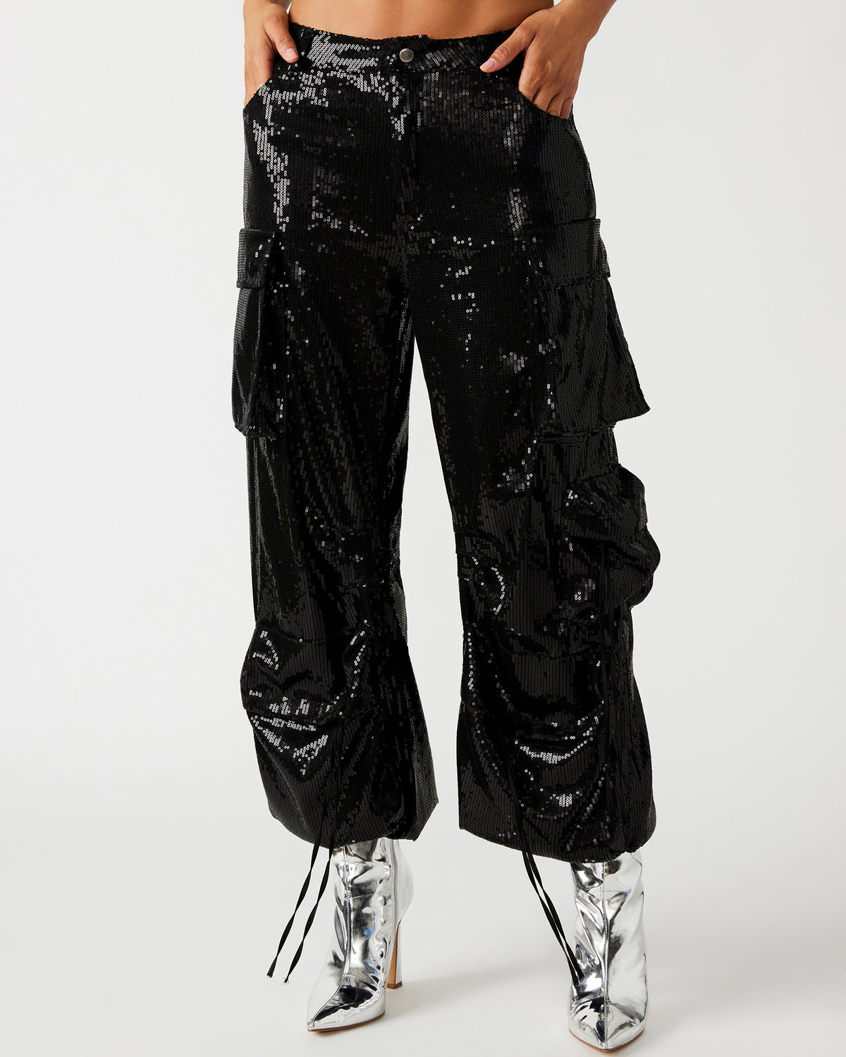DUO Black Sequin Women's Utility Cargo Pants | Steve Madden