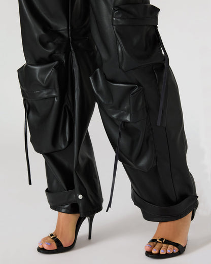 Vegan Leather Duo Black Women's Utility Cargo Pants | Steve Madden