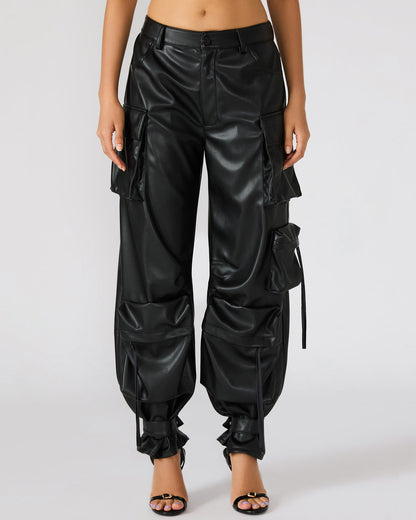 Vegan Leather Duo Black Women's Utility Cargo Pants | Steve Madden