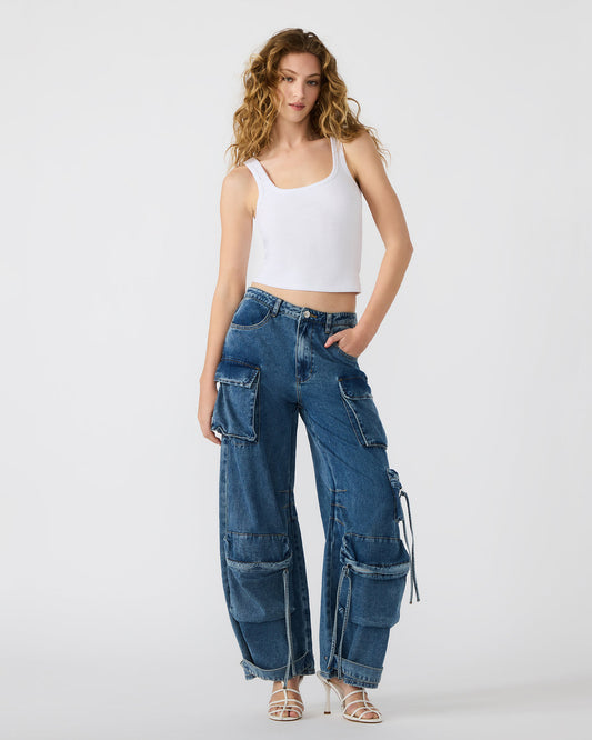 DUO Medium Denim Women's Utility Cargo Pants | Steve Madden