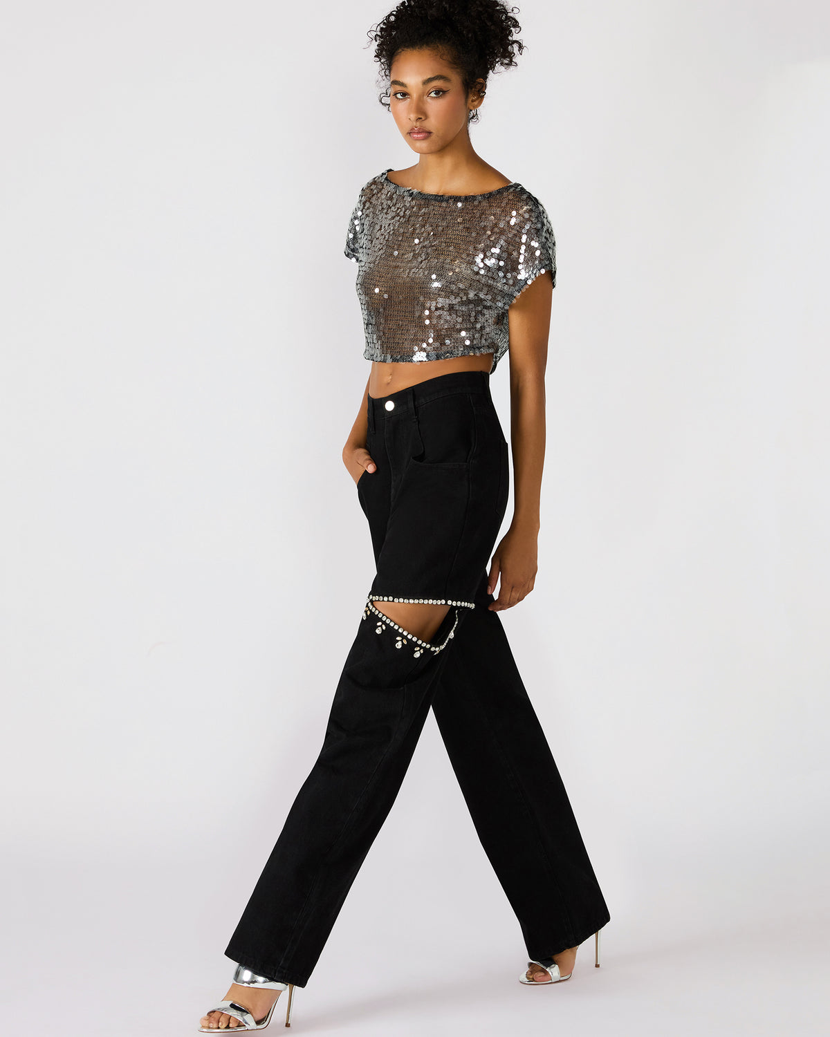 AYLA Black Straight-Leg Rhinestone Embellished Slit Women's Jean | Steve Madden