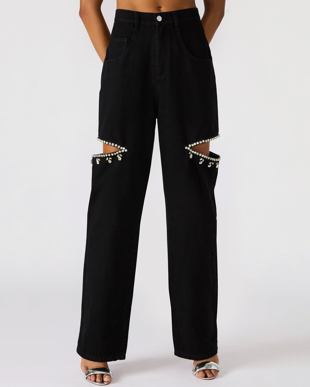 AYLA Black Straight-Leg Rhinestone Embellished Slit Women's Jean | Steve Madden