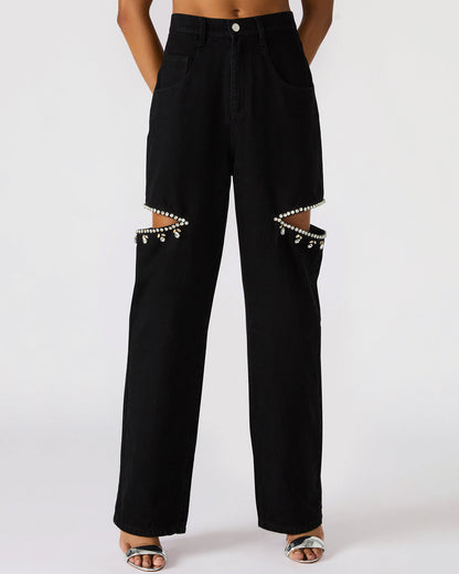 AYLA Black Straight-Leg Rhinestone Embellished Slit Women's Jean | Steve Madden